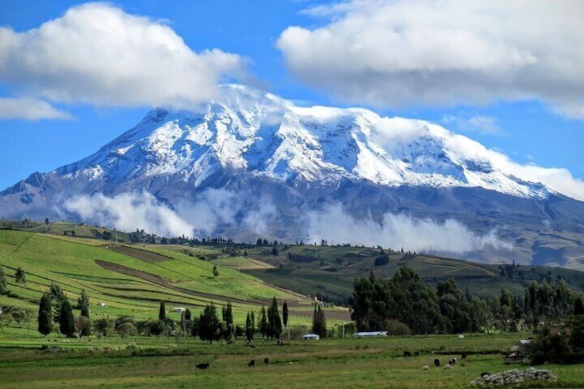 Green Ecuadorian Andes landscapes and with the Chimborazo volcano resting in the background