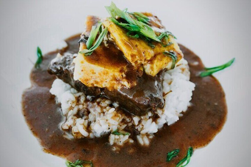 Captain John's Island Loco Moco - Tender Roasted Short Rib w/ Roasted Scrambled Eggs on Steamed Rice topped w/ Chef Caters silky smooth Gravy