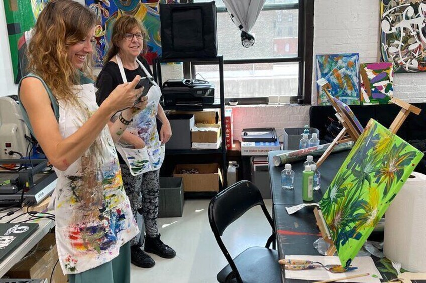 Student participants during the Abstract Painting with Palette Knives course engaging in the abstract art-making process.