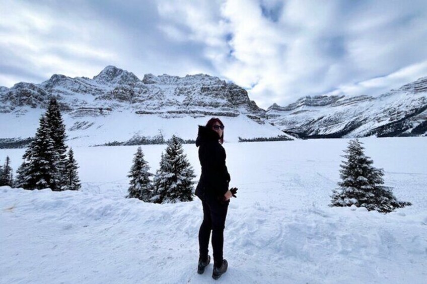 In the Winter, Bow Lake is frozen over with snow over-top of the ice, making it appear white instead of beautiful blue.