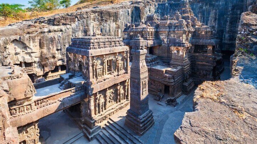 The famous Kailasa Temple carved out from a monolithic rock at Ellora caves