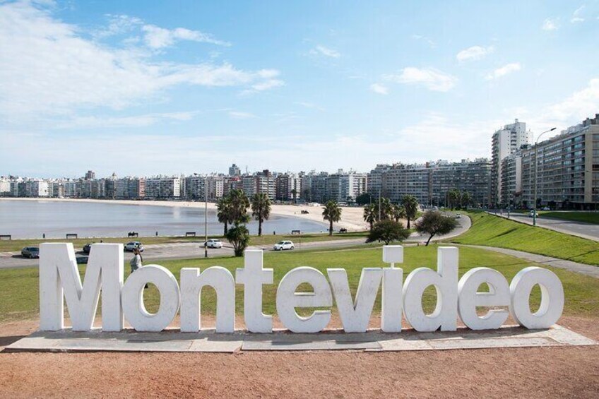 Montevideo sign stop with a spectacular view of Pocitos Beach.