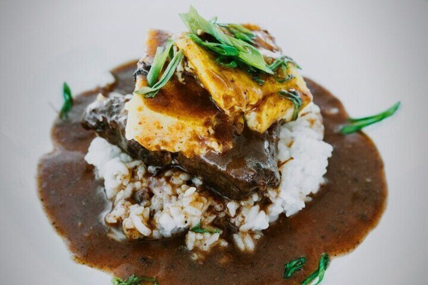 Captain John's Island Loco Moco - Tender Roasted Short Rib w/ Roasted Scrambled Eggs on Steamed Rice topped w/ Chef Caters silky smooth Gravy