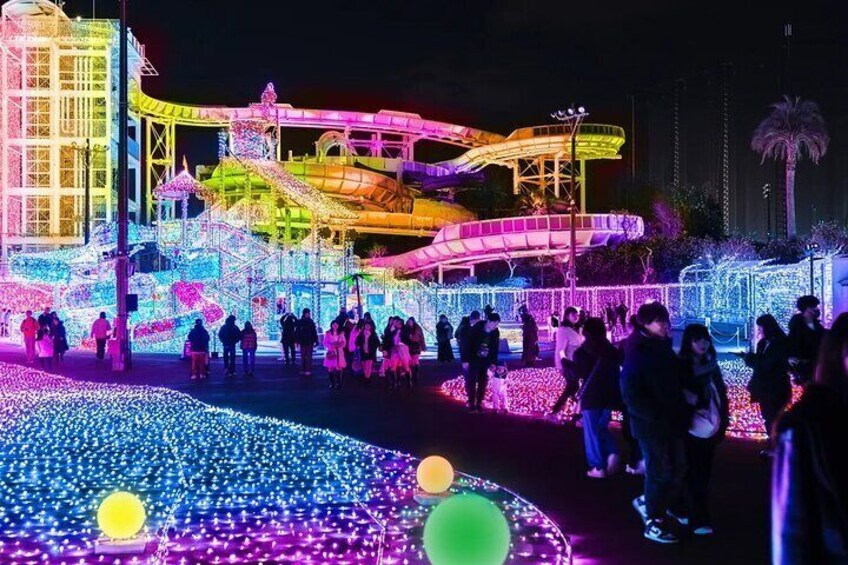 The night view from rides like the Ferris wheel offers a stunning viewpoint