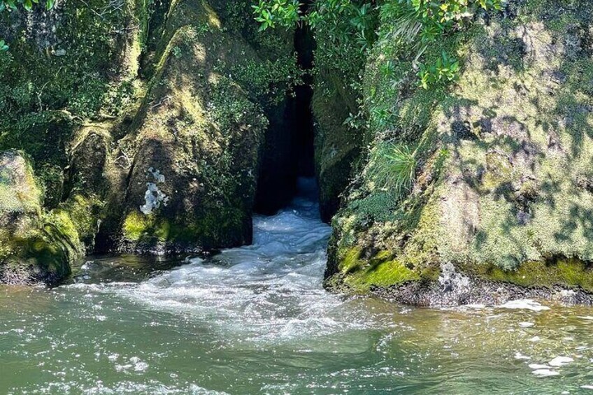 Water bubbling out of the rocks and into the lake