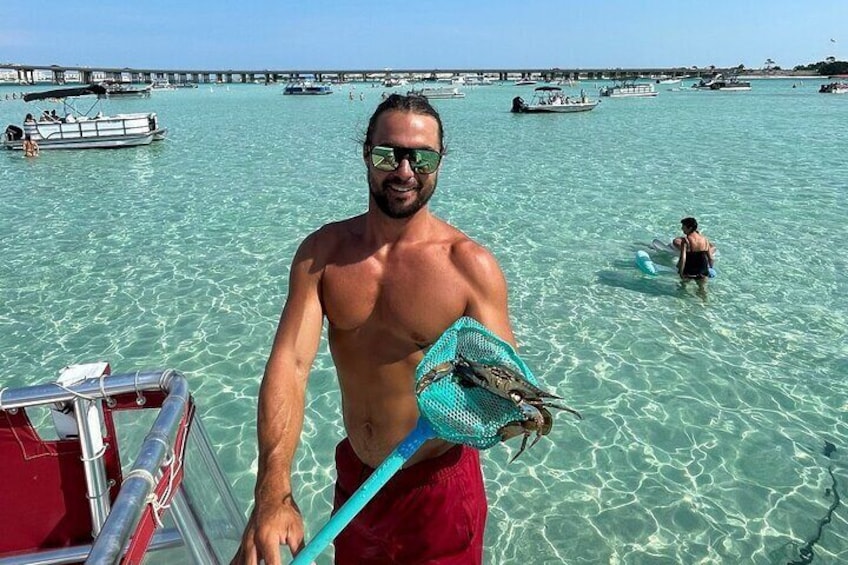SunVenture crew member showing of a blue crab that he caught at Crab Island.