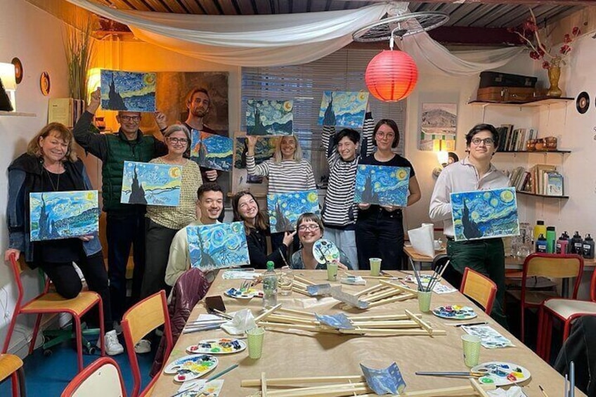 End of class, sharing our beautiful paintings
