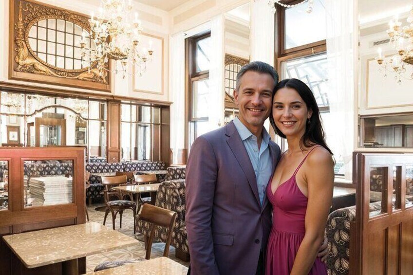 Smiling couple in elegant clothes in a traditional Viennese coffee house with classic furnishings.