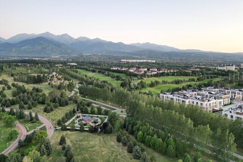 Mountain range surrounding Almaty from the drone view