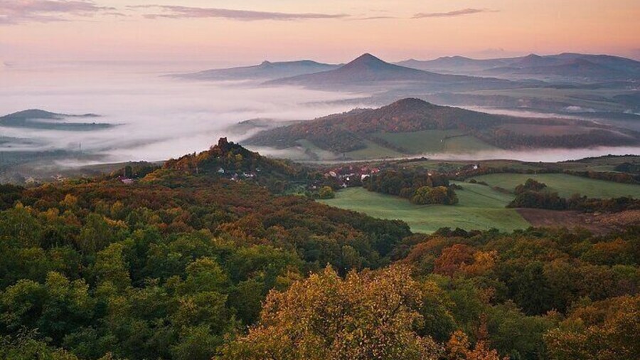 A volcanic landscape with rolling hills of the Bohemian Central Highlands, the warmest region in Bohemia, known for its winemakers and the Czech garnet