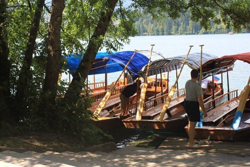 Bunch of Pletna boats on Lake Bled