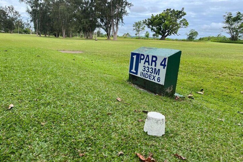 Starting strong at the first hole from the men’s tee box! A perfect spot to begin your game at the Port Vila Golf and Country Club, with great challenges ahead and stunning views to enjoy.