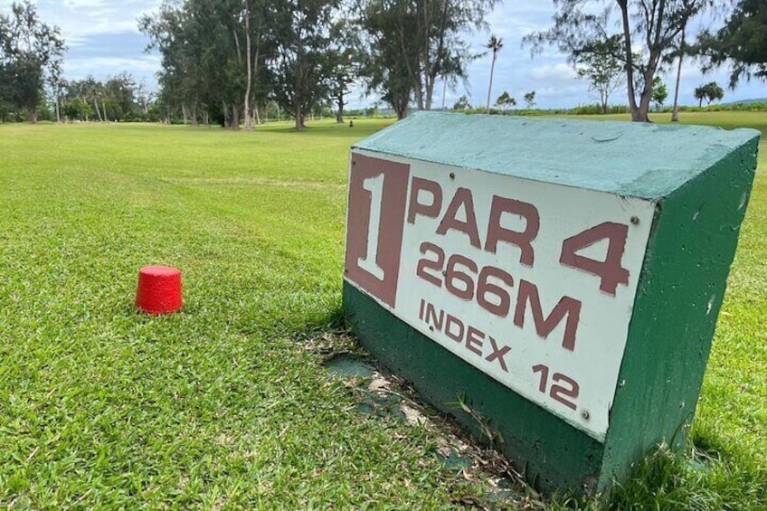 Starting the game with style at the first hole, from the ladies’ tee box! A perfect beginning to a day of golf at the Port Vila Golf and Country Club, where every shot counts and the views are great!