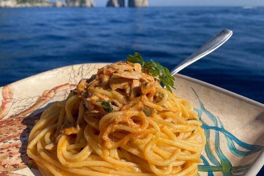 Cooking School on Board with Lunch and Swimming in Amalfi Coast
