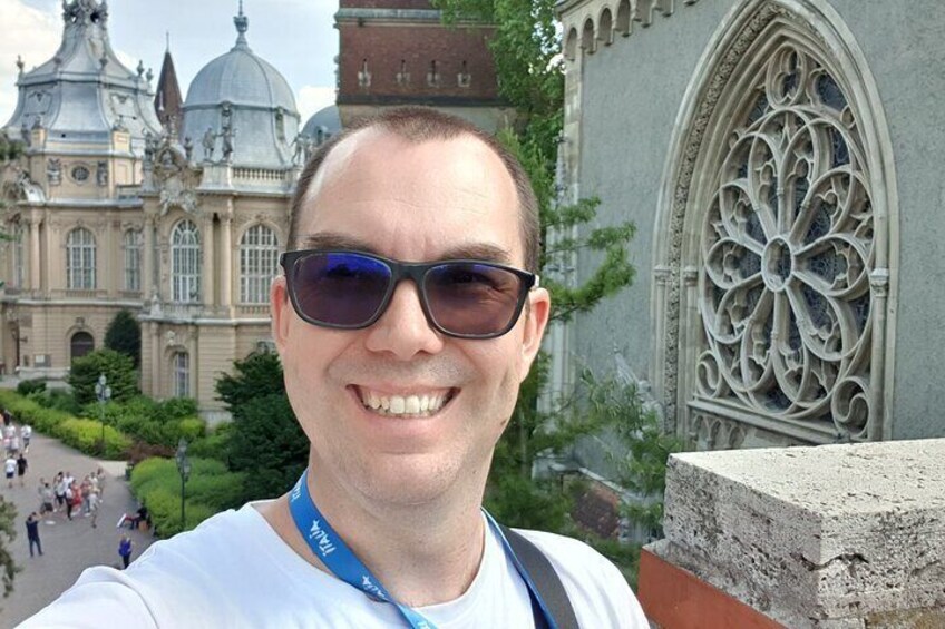 Posing at Corvin Castle (different destination)