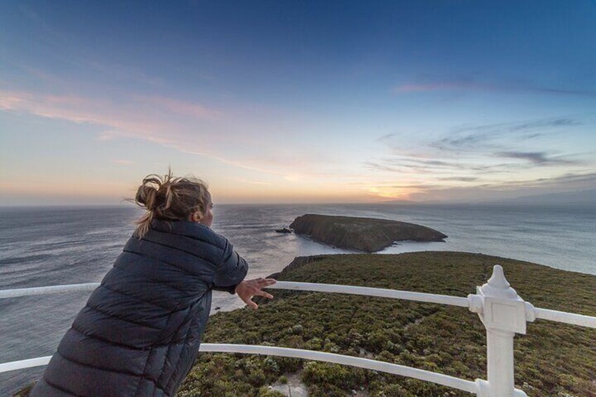 Take in breathtaking vistas from the viewing platform at the top of the Cape Bruny Lighthouse