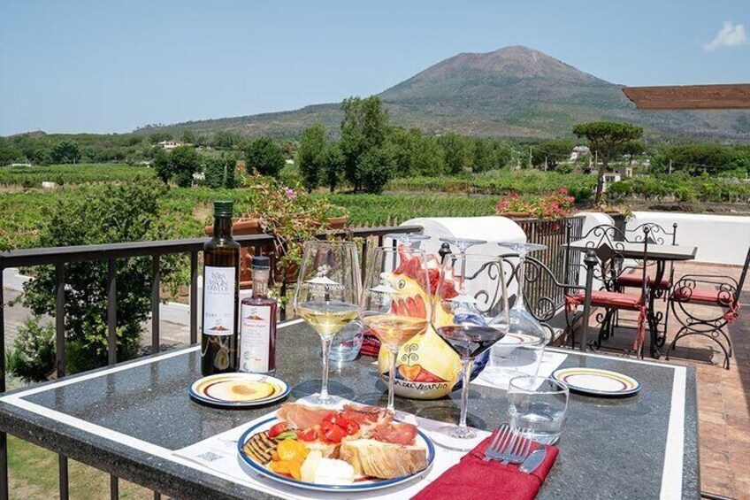 Appetizer cold cuts and cheeses with Wine with a view of Vesuvius.