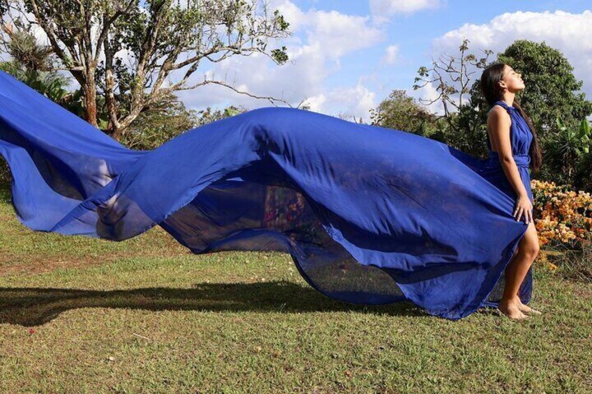 Sky Blue Bachelorette: A beautiful individual shot in a sky blue flying dress, perfect for a memorable bachelorette photoshoot.