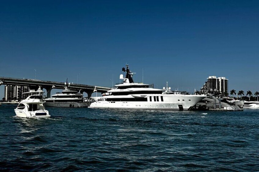 Pass by the port of Miami and its stunning views, house of cruise ships and mega yachts