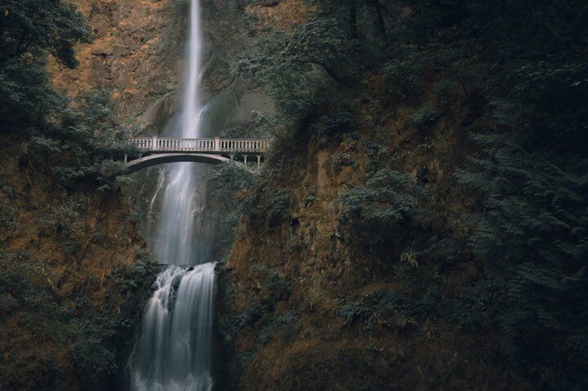 Multnomah Falls bridge in 'Waterfall Alley' of the Columbia River Gorge National Scenic Area.