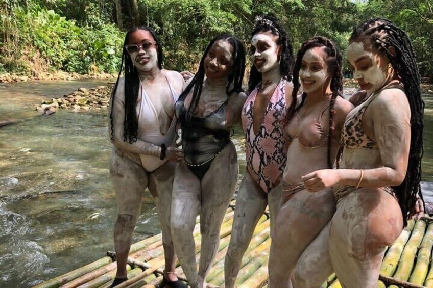 Vibing with friends on a bamboo raft 
