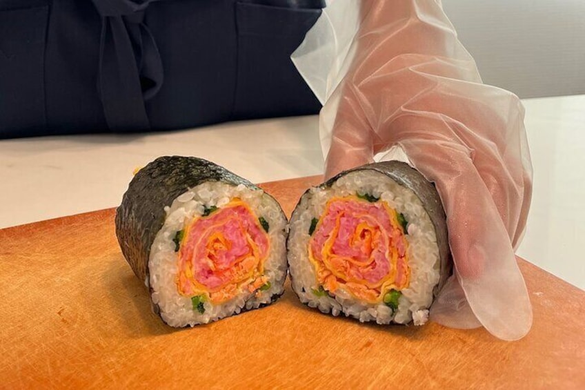 Making decorative sushi rolls near Tokyo Skytree