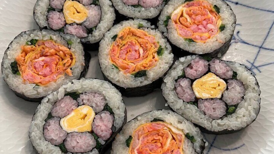 Making decorative sushi rolls near Tokyo Skytree