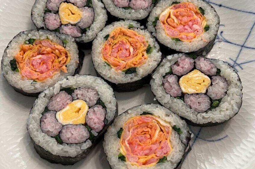 Making decorative sushi rolls near Tokyo Skytree