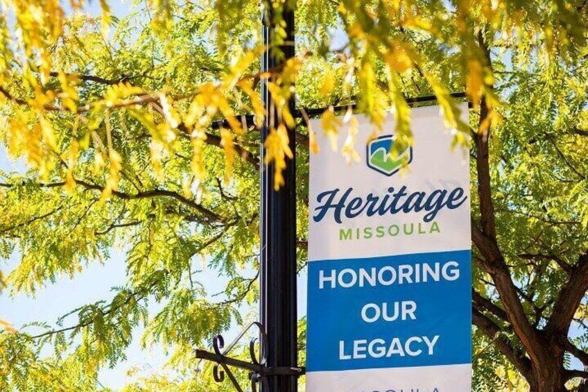 Beautiful trees, flowers, and banners in downtown Missoula