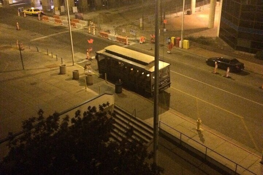 Albucreepy Trolley as captured from the 3rd floor of the haunted Bernalillo County Courthouse downtown.
