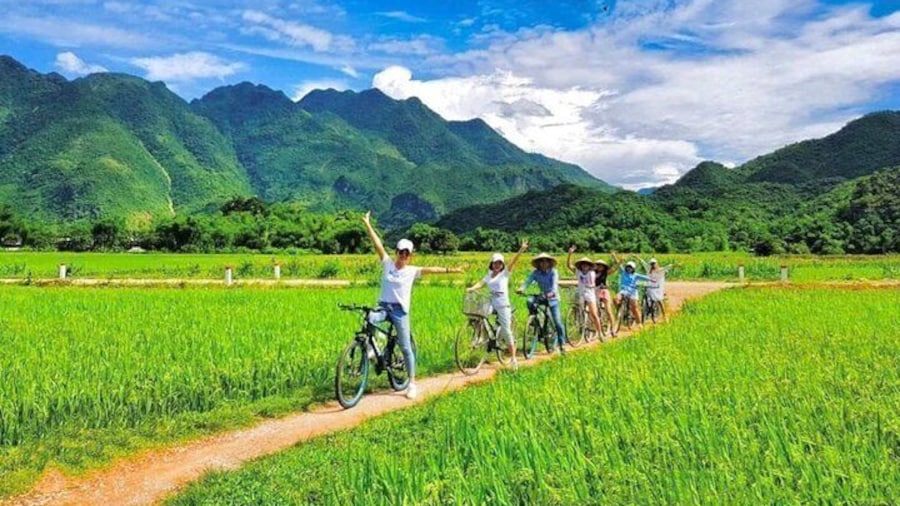 Cycling through rice fields in Mai Chau