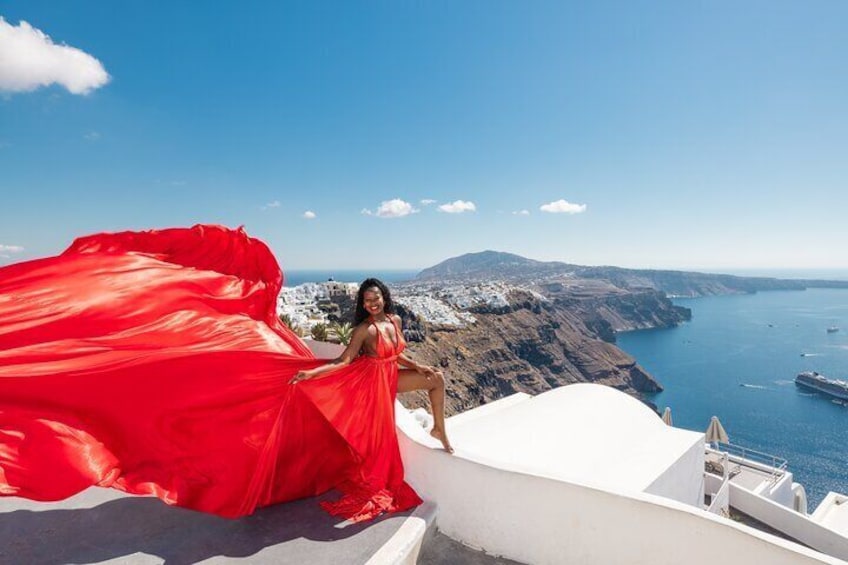 Flying Dress Photoshoot in Santorini with Pick Up &Changing Place