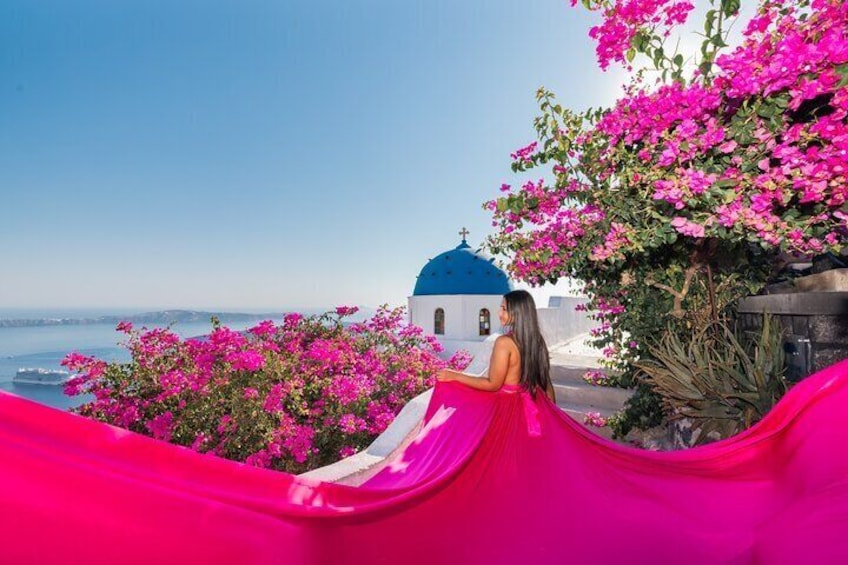 Flying Dress Photoshoot in Santorini with Pick Up &Changing Place