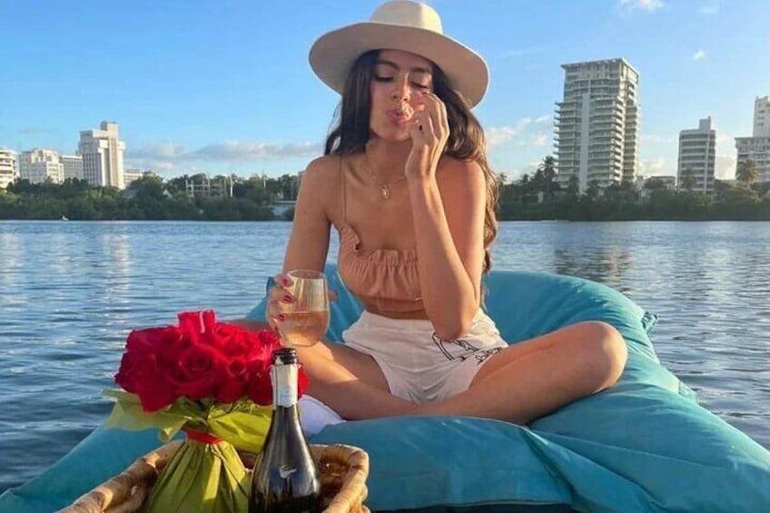 Private Floating Picnic in Condado Lagoon with Wine & Rose Petals