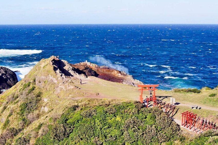 The Torii Tunnel of Motonosumi Shrine, with 123 red Torii gates extending along the hillside to the edge of the cliff, forms a beautiful landscape with the blue sky, green land and blue ocean. It is q