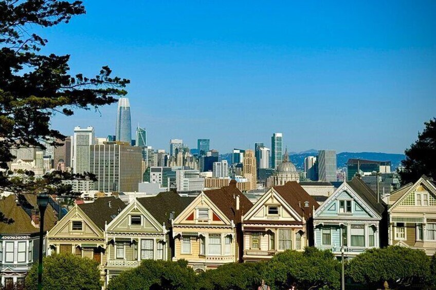 Famous Alamo Square Park, home of The Painted Ladies, with views of Downtown
