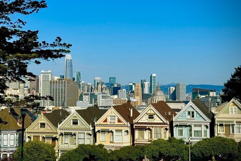 Famous Alamo Square Park, home of The Painted Ladies, with views of Downtown