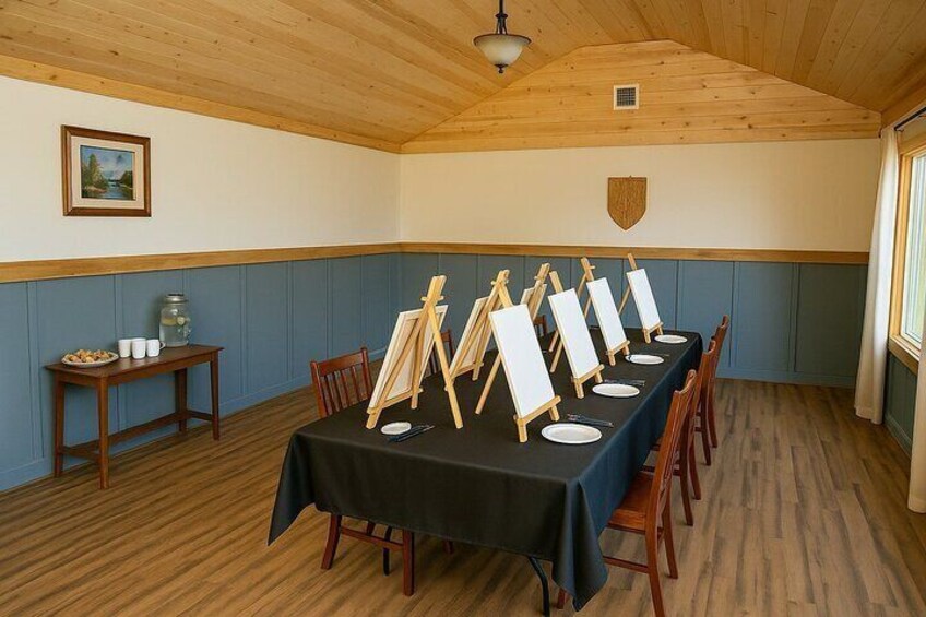 Cozy and inviting—our indoor studio offers a warm, rustic space for private paint parties and classes.