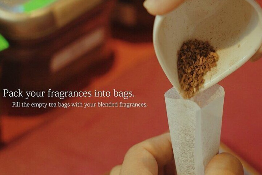 Pack your fragrances into bags.
Fill the empty tea bags with your blended fragrances.