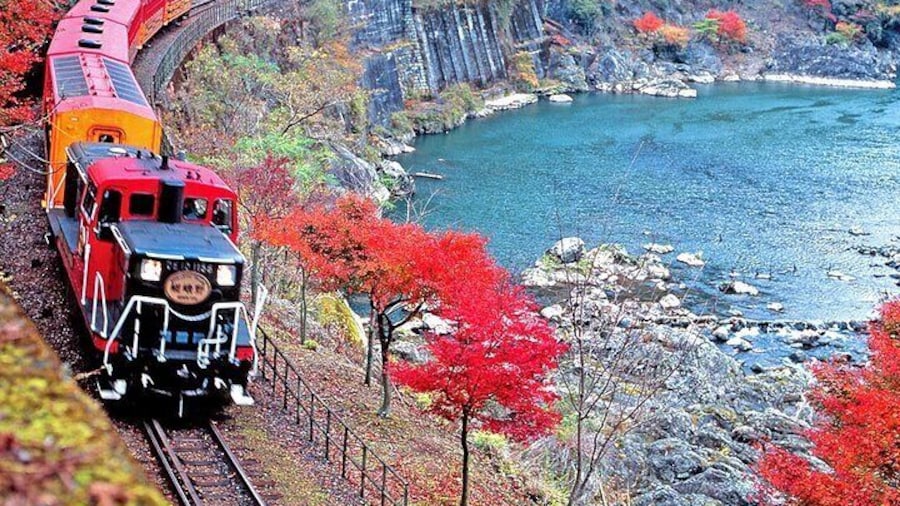 The Sagano Romantic Train offers a scenic journey through the Hozugawa River Valley, showcasing different views seasonly, from cherry blossoms in spring to autumn foliage and snow in winter.