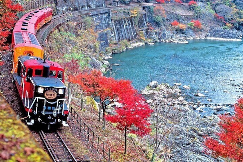 The Sagano Romantic Train offers a scenic journey through the Hozugawa River Valley, showcasing different views seasonly, from cherry blossoms in spring to autumn foliage and snow in winter.