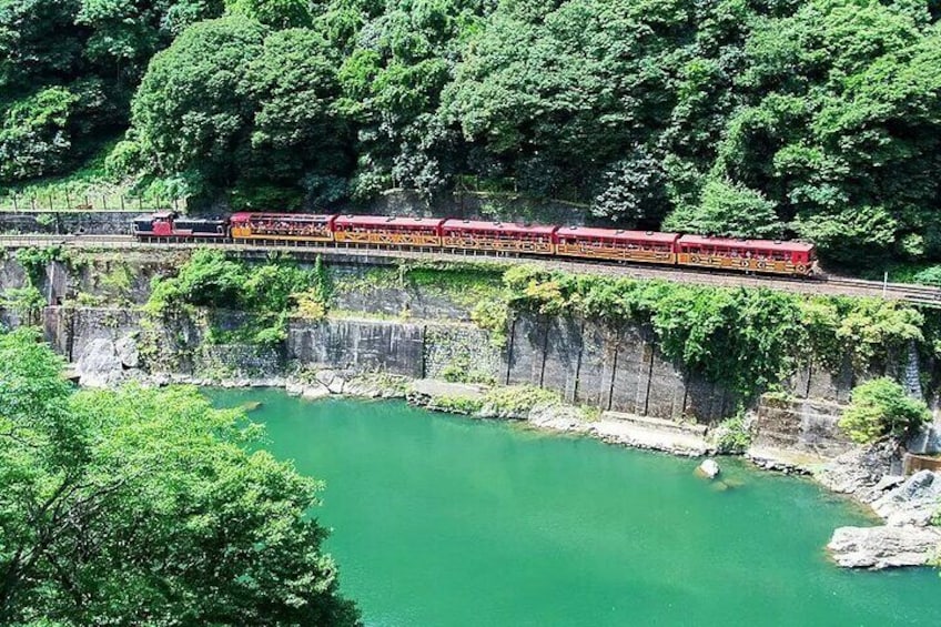 The Sagano Romantic Train offers a view of the beautiful scenery combining the fragrant cherry blossoms in full bloom with fresh greenery