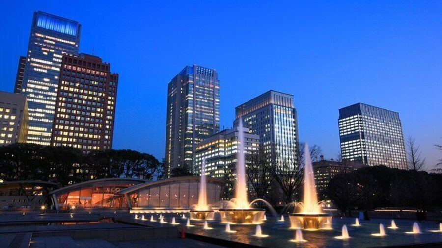 Nighttime serenity at Wadakura Fountain, Kokyo Gaien Garden.