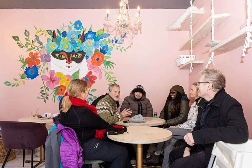 Take comfort and cozyness to another level while sipping on a paw-tastic coffee and petting the cats of the Kattakaffihusid
 in Reykjavik