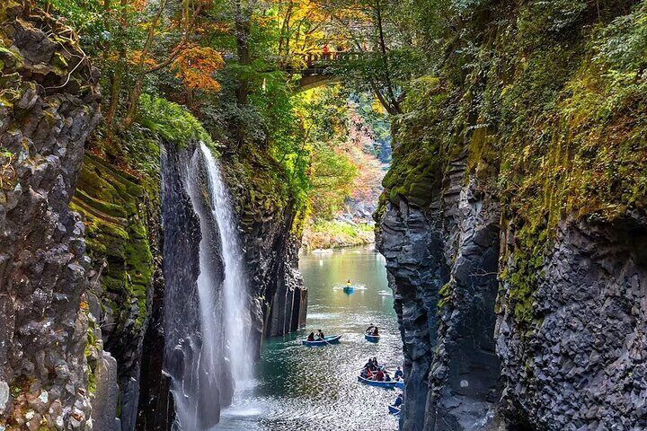 Takachiho Gorge is a V-shaped natural wonder in Miyazaki Prefecture, Kyushu, Japan, formed by Mount Aso's volcanic eruptions, cliffs and the clear Gokase River