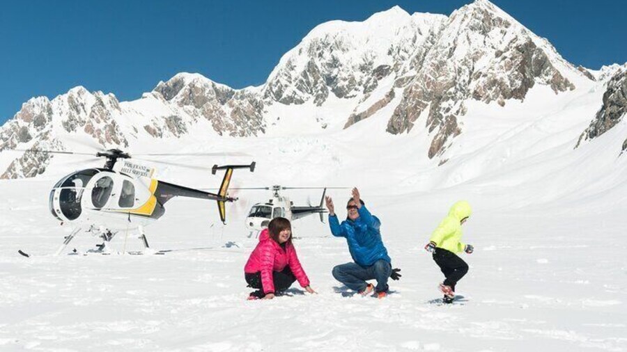 Snow landing on the Fox Glacier with Mount Tasman