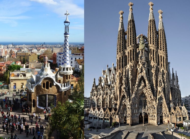 Split image of Park Guell and La Sagrada Familia in Barcelona