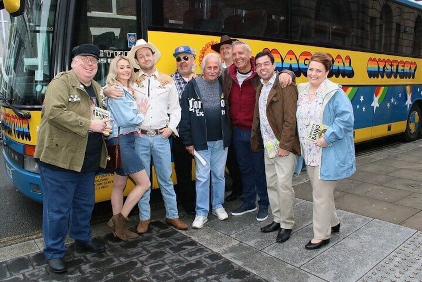 The Beatles' original drummer Pete Best and the cast of 'Lennon's Banjo' with the Beatles Magical Mystery Tour