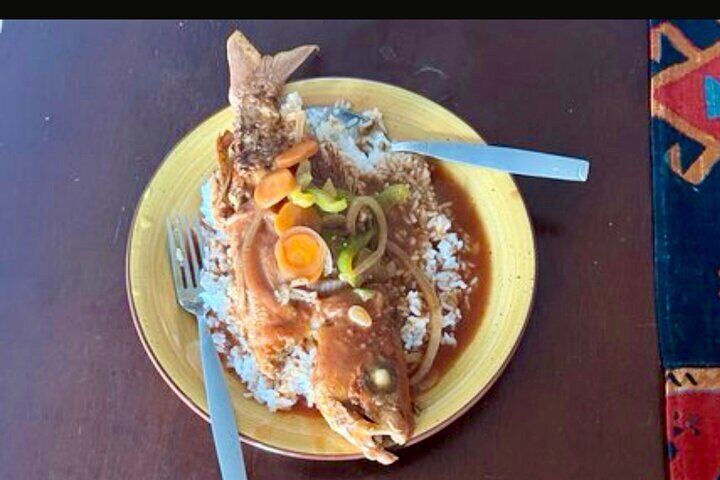 Fried Fresh Fish served with Finca to Table Local Vegetables and Coconut Milk Rice.
