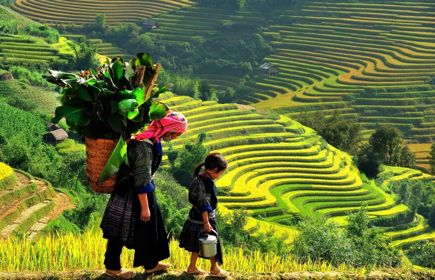 Woman and girl carry basket and pail through Sapa Valley in Vietnam